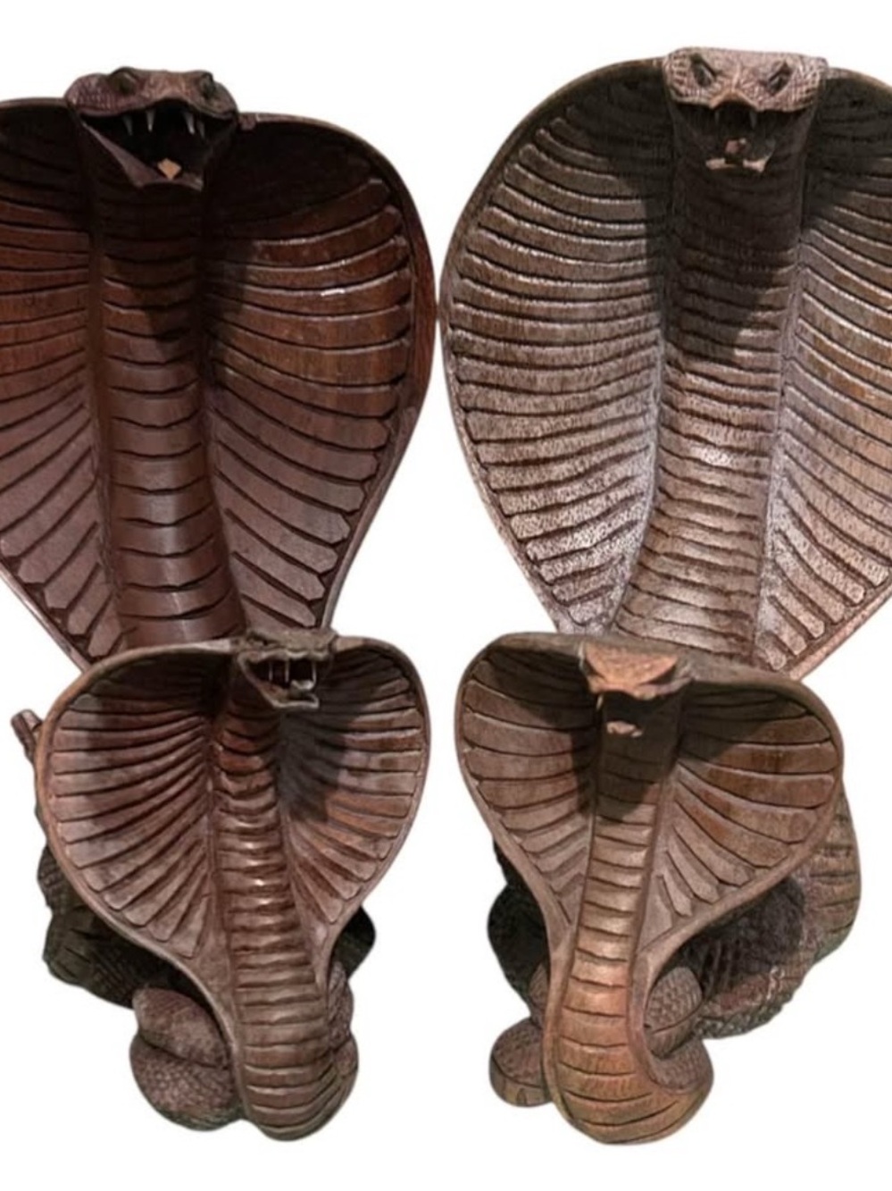 Vintage Set Of 4 Hand Carved Wood Cobras  Statuettes King Cobras Large Small